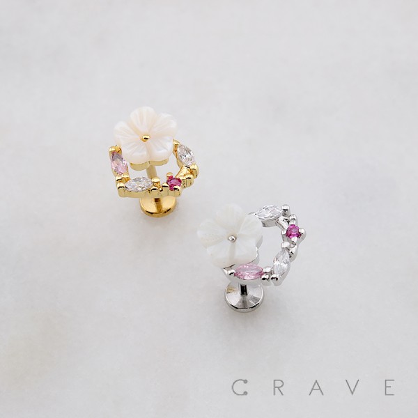 WHITE FLOWER MARQUISE BRANCH THREADLESS (PUSH IN) 316L SURGICAL STEEL LABRET SET